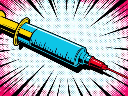 Merck US58933Y1055 Pop-Art-Comic: Knallbunte stilisierte Spritze mit Halftone-Punkten, Farbblöcken und dynamischen Speed-Lines - Foto: THN