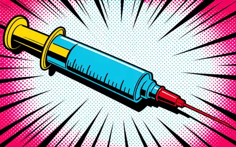 Merck US58933Y1055 Pop-Art-Comic: Knallbunte stilisierte Spritze mit Halftone-Punkten, Farbblöcken und dynamischen Speed-Lines - Foto: THN