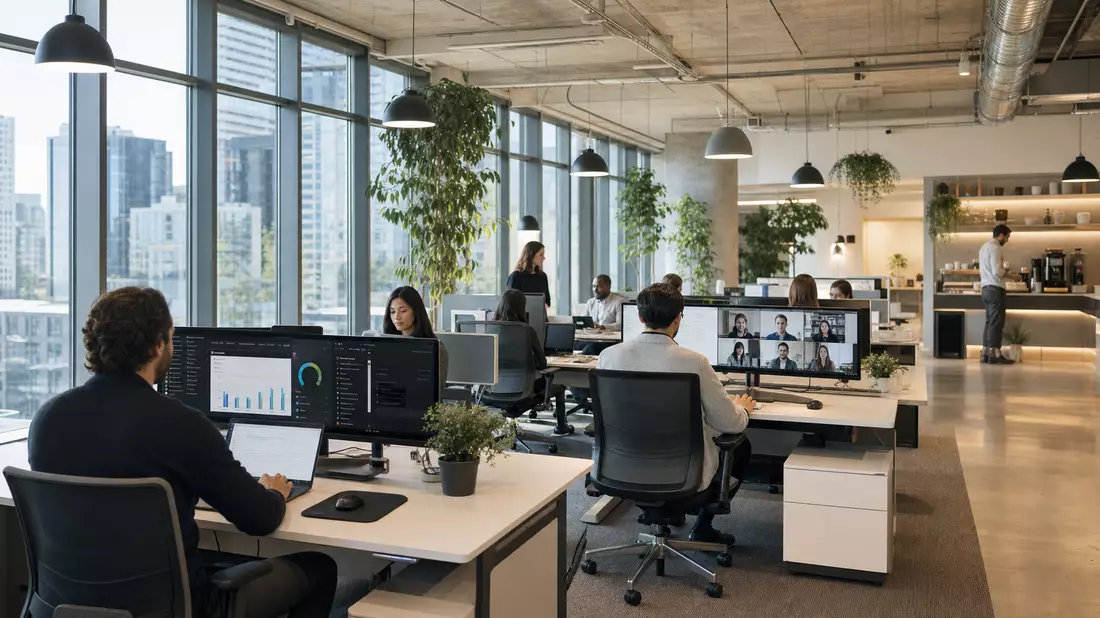 Modern open-plan office with diverse professionals working at ultrawide monitors and a video call screen, bright loft interior with floor-to-ceiling windows, indoor plants and concrete ceiling