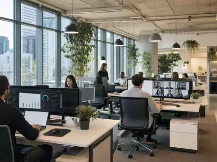 Microsoft Corporation (US5949181045) zeigt Mitarbeitende im modernen hellen Office mit Monitoren und Videocall-Display - Foto: THN