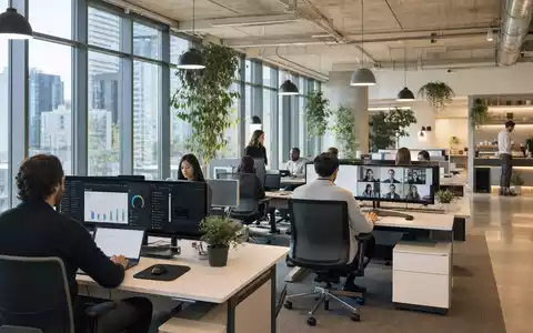 Microsoft Corporation (US5949181045) zeigt Mitarbeitende im modernen hellen Office mit Monitoren und Videocall-Display - Foto: THN