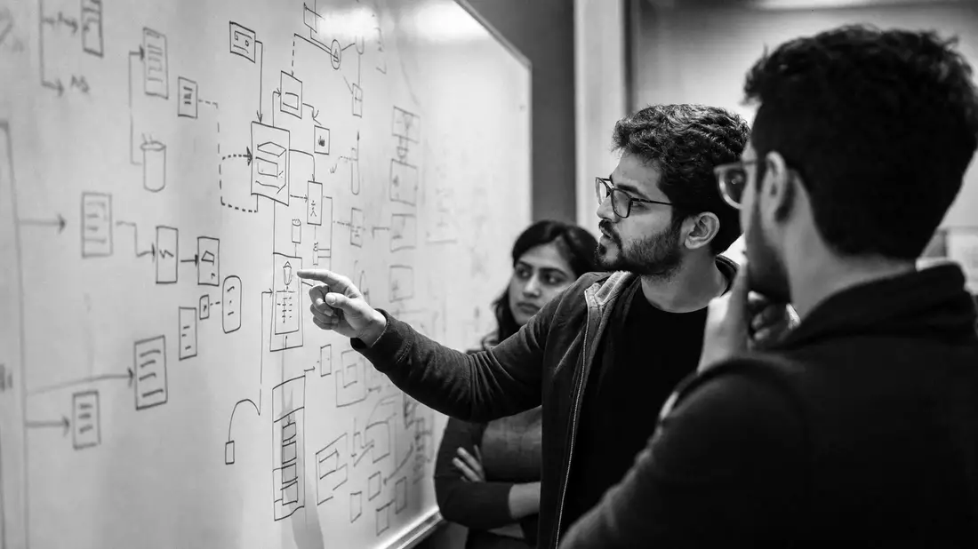 Black and white documentary photo of a software developer pointing at detailed system architecture diagrams on a whiteboard, teammates in soft focus background, high contrast reportage lighting with film grain