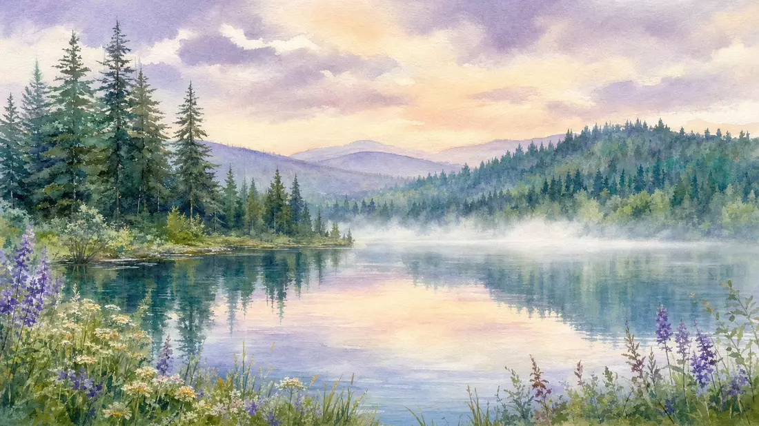 Soft watercolor painting of a Pacific Northwest lake landscape near Redmond Washington with evergreen fir forests, morning mist over calm water, wildflowers in foreground, pastel sky in lilac and peach tones