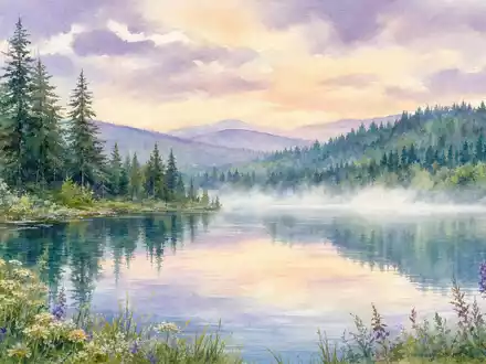 Microsoft Corporation (US5949181045) Aquarell: Redmond Washington mit WÀldern und See in sanften Pastelltönen - Foto: THN