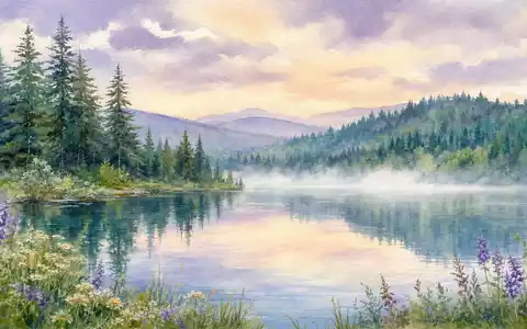 Microsoft Corporation (US5949181045) Aquarell: Redmond Washington mit Wäldern und See in sanften Pastelltönen - Foto: THN