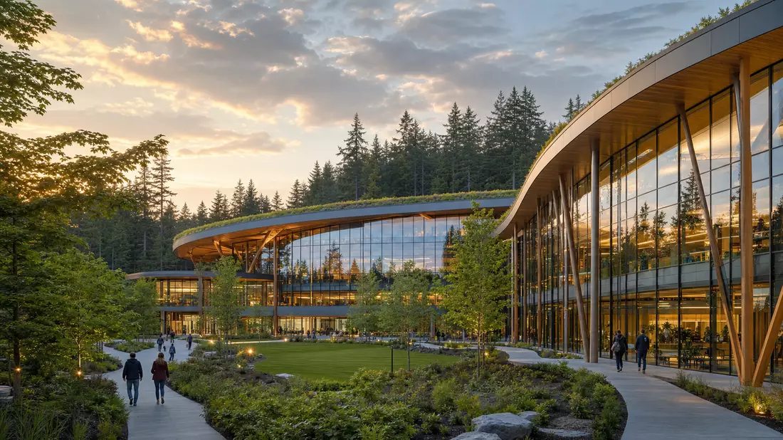 Architectural photograph of a curved glass and wood technology campus building at golden hour, surrounded by Pacific Northwest evergreen forest, green roof, manicured lawn courtyard, pedestrians on pathways