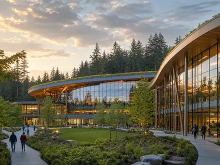Microsoft Corporation (US5949181045) Tech-Campus: moderne Glasfassade und grüner Innenhof im Pacific Northwest - Foto: THN