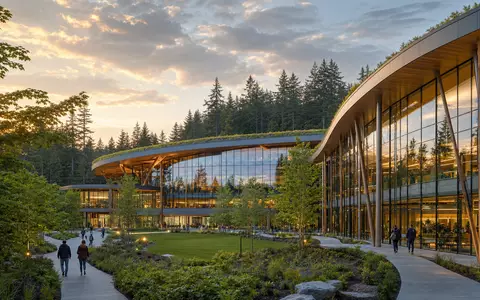 Microsoft Corporation (US5949181045) Tech-Campus: moderne Glasfassade und grüner Innenhof im Pacific Northwest - Foto: THN