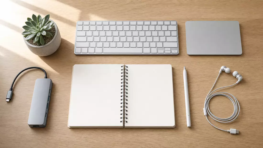 Top-down flatlay of modern productivity workspace tools on light oak wood: slim wireless keyboard, precision trackpad, open spiral notebook, stylus, USB-C hub, succulent plant in concrete pot, soft natural window light