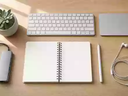 Microsoft Corporation (US5949181045) Productivity-Flatlay: Tastatur, Trackpad, Notebook, Stylus und USB-C-Hub auf Holz - Foto: THN