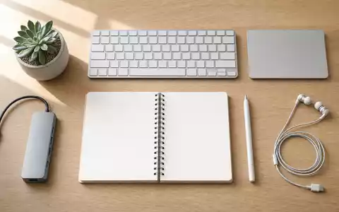 Microsoft Corporation (US5949181045) Productivity-Flatlay: Tastatur, Trackpad, Notebook, Stylus und USB-C-Hub auf Holz - Foto: THN