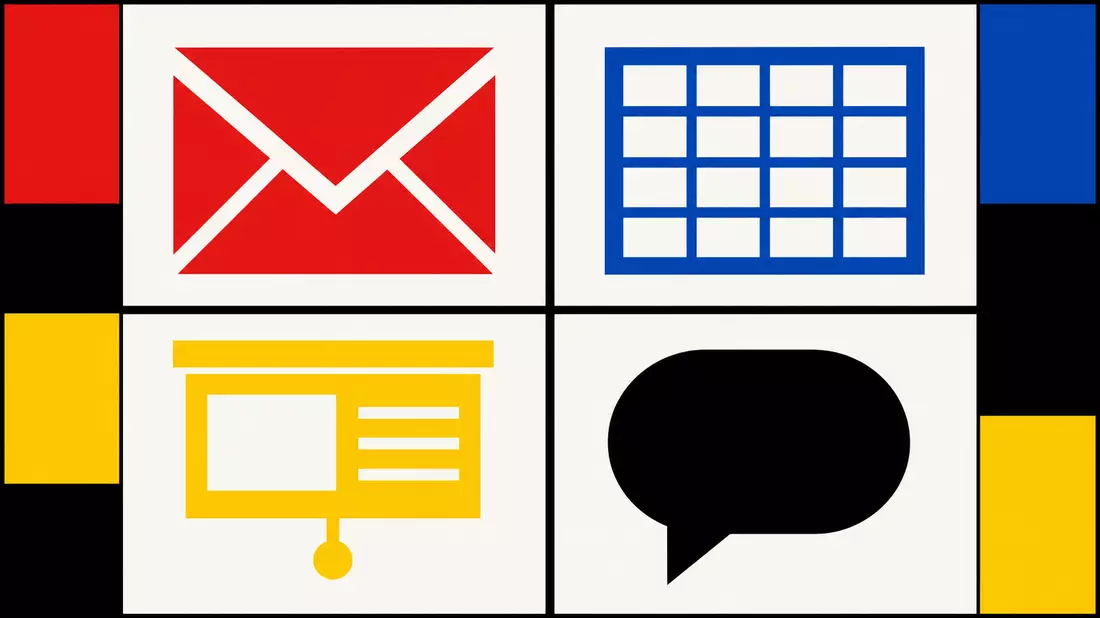 Bauhaus-style poster with bold geometric four-quadrant composition separated by thick black lines, each quadrant showing a flat abstract app icon: red envelope, blue grid table, yellow presentation screen, black speech bubble