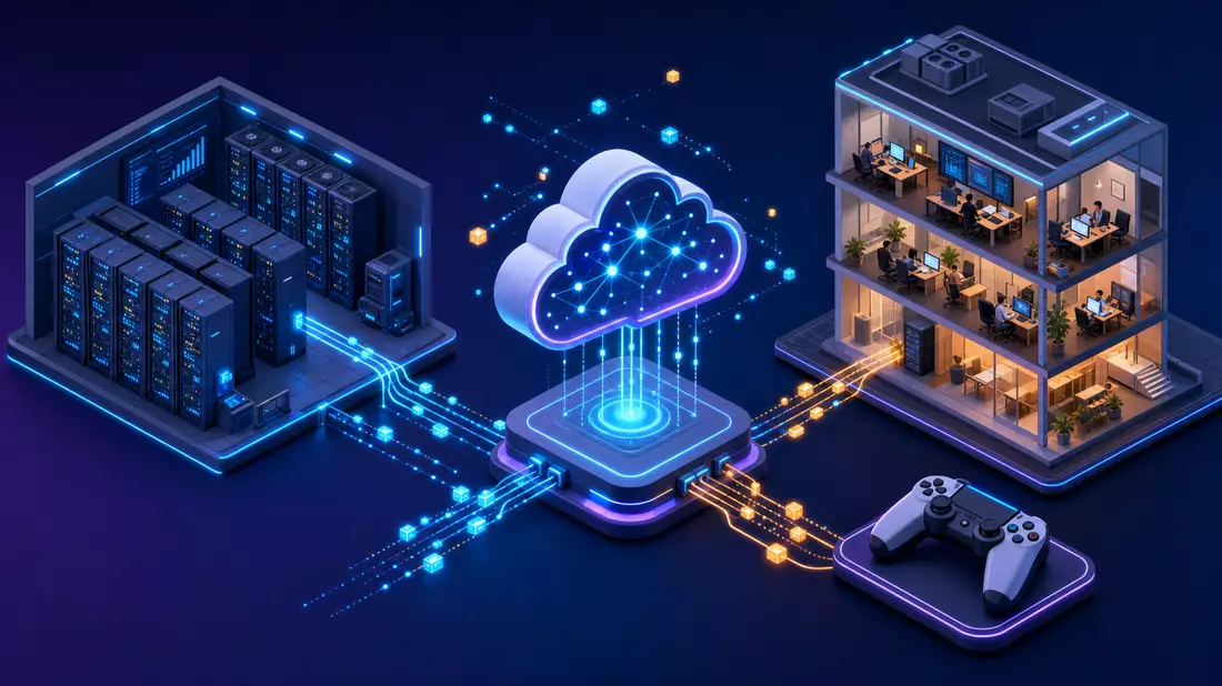 Isometric 3D illustration of a connected tech ecosystem on dark blue background, showing server rack data center on left, glowing cloud platform in center with data flow lines, office building cross-section on right, and a gaming controller bottom-right