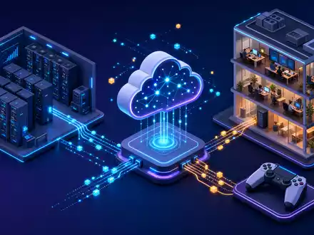 Microsoft Corporation (US5949181045) isometrisches 3D: Cloud, Server, Rechenzentrum, Office und Gaming-Konsole verbunden - Foto: THN