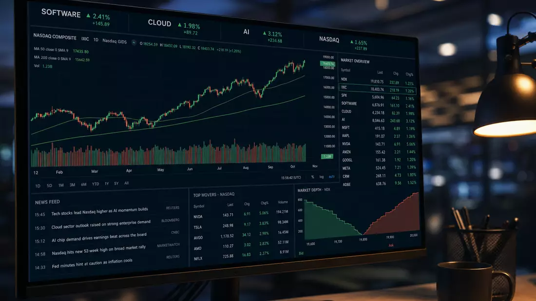 Editorial close-up of a professional trading monitor in a dim office showing candlestick charts with