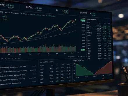 Microsoft Corporation (US5949181045) Börsen-Editorial: Monitor mit SOFTWARE, CLOUD, AI und NASDAQ-Charts im Dunkel - Foto: THN