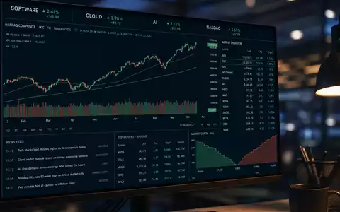 Microsoft Corporation (US5949181045) Börsen-Editorial: Monitor mit SOFTWARE, CLOUD, AI und NASDAQ-Charts im Dunkel - Foto: THN