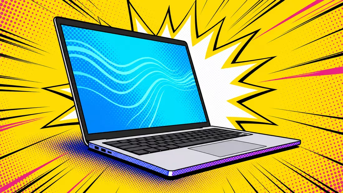 Pop art comic book style illustration of an open laptop on bright yellow background with Ben-Day halftone dot patterns, cyan blue screen with wavy lines, white starburst explosion shape, magenta speed lines radiating outward, thick black comic outlines
