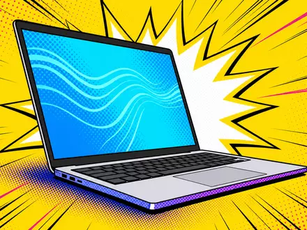 Microsoft Corporation (US5949181045) Pop-Art: Notebook mit Halftone-Punkten, Starburst und leuchtend gelbem Comic-Effekt - Foto: THN