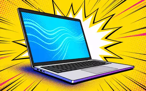 Microsoft Corporation (US5949181045) Pop-Art: Notebook mit Halftone-Punkten, Starburst und leuchtend gelbem Comic-Effekt - Foto: THN