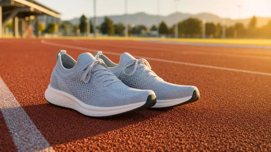 Fotorealistische Laufschuhe auf Tartanbahn im goldenen Morgenlicht, Sportartikel