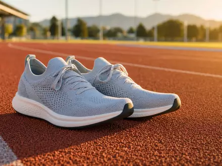 Nike Inc US6541061031 zeigt generische Laufschuhe auf einer roten Tartanbahn im goldenen Morgenlicht - Foto: THN