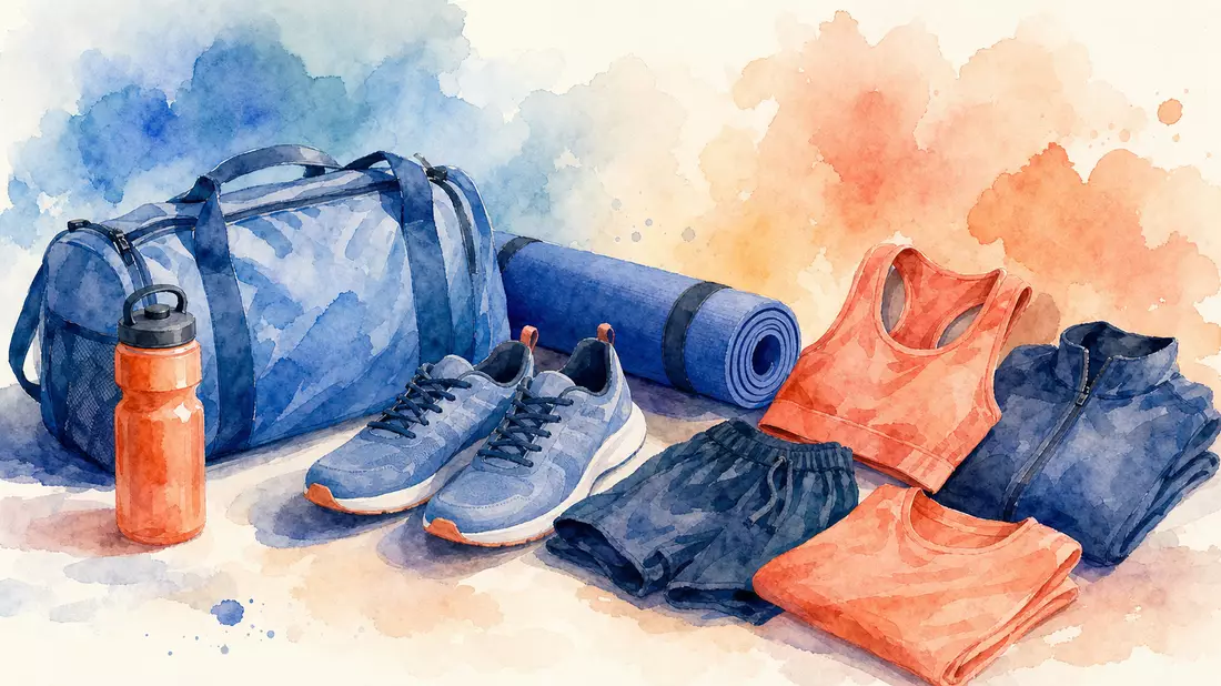 Aquarell-Stillleben mit Sportausrüstung, Sneakern und Sporttasche in Blau und Orange