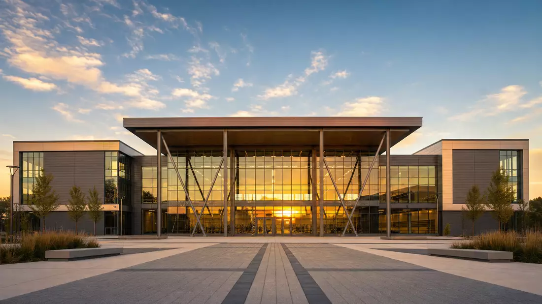 Modernes Sportzentrum mit Glasfassade und Stahlkonstruktion bei Sonnenuntergang, Architektur