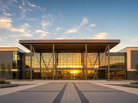 Nike Inc US6541061031 modernes Sportzentrum mit Glasfassade und Stahlstruktur im warmen Abendlicht fotografiert - Foto: THN