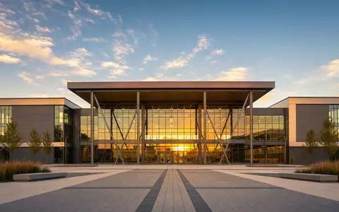 Nike Inc US6541061031 modernes Sportzentrum mit Glasfassade und Stahlstruktur im warmen Abendlicht fotografiert - Foto: THN