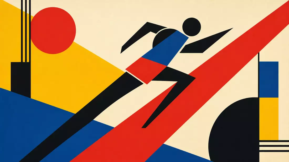 Bauhaus-Poster mit geometrisch-abstraktem Läufer in Rot, Gelb und Blau im Modernismus-Stil