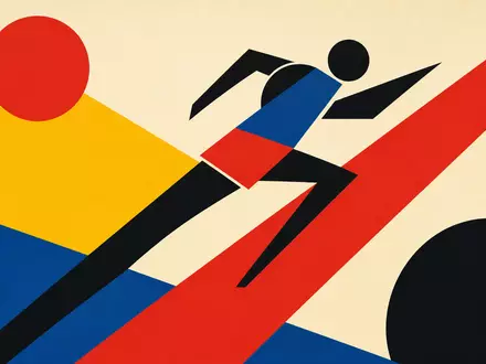 Nike Inc US6541061031 abstraktes Bauhaus Poster mit geometrischer Athletenfigur in leuchtenden Primärfarben gestaltet - Foto: THN