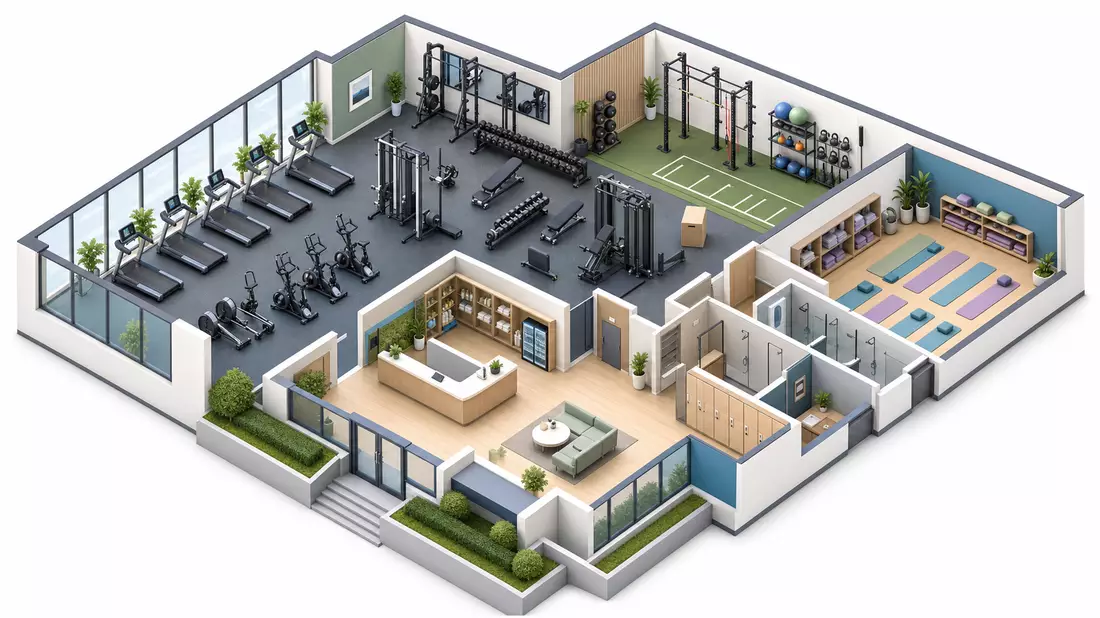 Isometrischer 3D-Querschnitt eines Fitnessstudios mit Laufbändern, Gewichten und Yogaraum