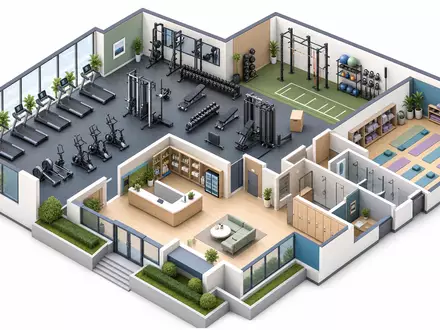Nike Inc US6541061031 isometrische 3D Illustration eines modernen Fitnessstudios im farbigen Querschnitt dargestellt - Foto: THN