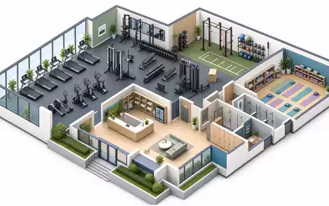 Nike Inc US6541061031 isometrische 3D Illustration eines modernen Fitnessstudios im farbigen Querschnitt dargestellt - Foto: THN