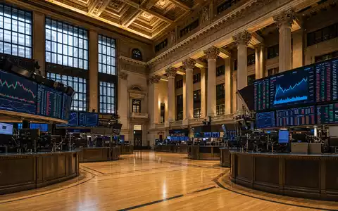Nike Inc US6541061031 zeigt das NYSE Handelsparkett mit Aktienkurs Bildschirmen im neoklassischen Börsensaal - Foto: THN