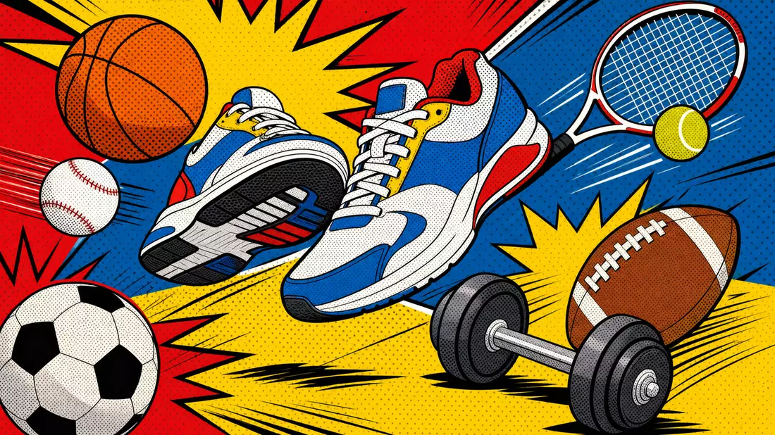 Pop-Art-Comic mit bunten Sportschuhen und Bällen, Ben-Day-Raster und kräftigen Primärfarben