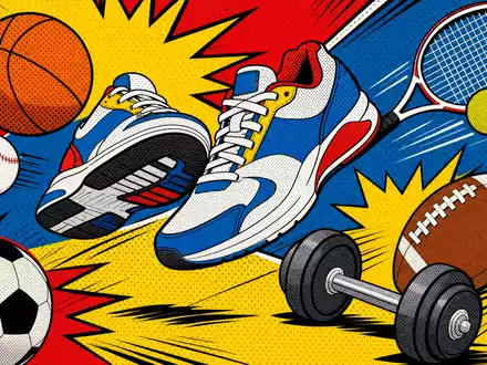Nike Inc US6541061031 Pop Art Comic mit bunten Sportschuhen und Sportbällen in Halbtondruck Optik - Foto: THN