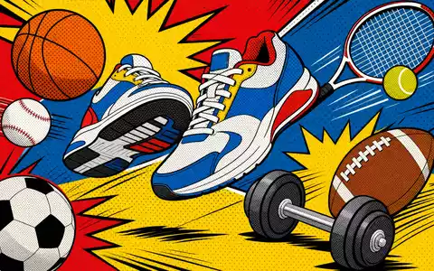 Nike Inc US6541061031 Pop Art Comic mit bunten Sportschuhen und Sportbällen in Halbtondruck Optik - Foto: THN