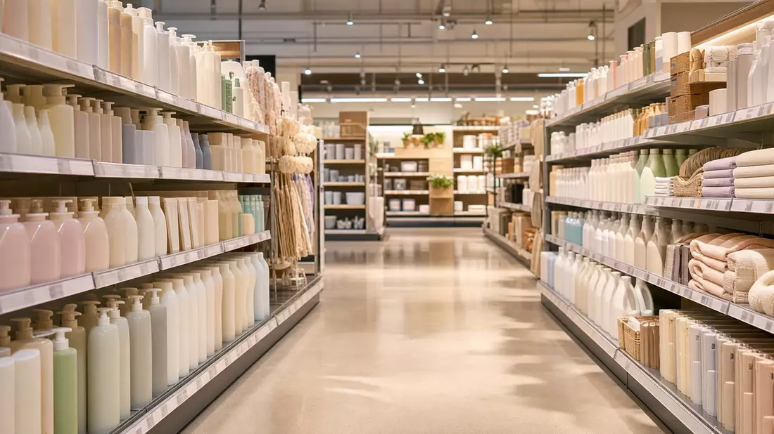 Heller Supermarktgang mit Regalen voll ungebrandeter Haushalts- und Pflegeprodukte in Pastelltönen