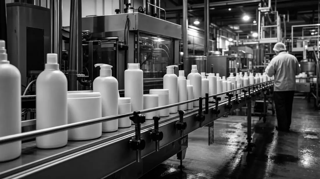 Schwarz-Weiß-Fotoreportage einer FMCG-Fabrik mit Fließband und generischen weißen Flaschenbehältern