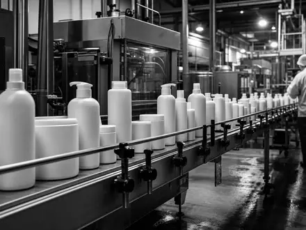 Procter US7427181091 Schwarz Weiß Reportage zeigt Fabrik Arbeiter an einer modernen Konsumgüter Produktionslinie - Foto: THN