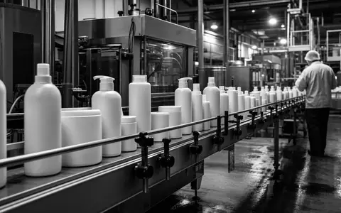 Procter US7427181091 Schwarz Weiß Reportage zeigt Fabrik Arbeiter an einer modernen Konsumgüter Produktionslinie - Foto: THN