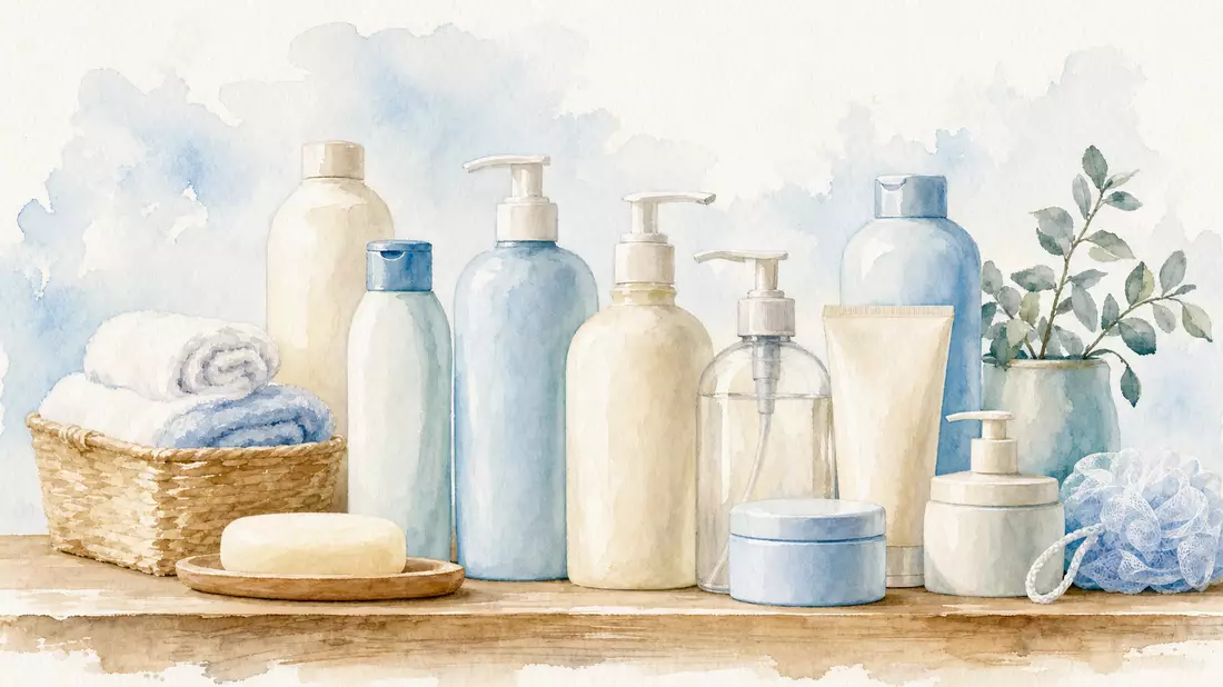 Zartes Aquarell eines Haushaltsprodukt-Stilllebens mit ungebrandeten Flaschen und Handtüchern in Blau-Creme