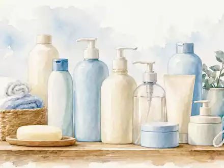 Procter und Gamble US7427181091 als Aquarell Stillleben mit generischen Pflegeflaschen auf einem rustikalen Holzregal - Foto: THN