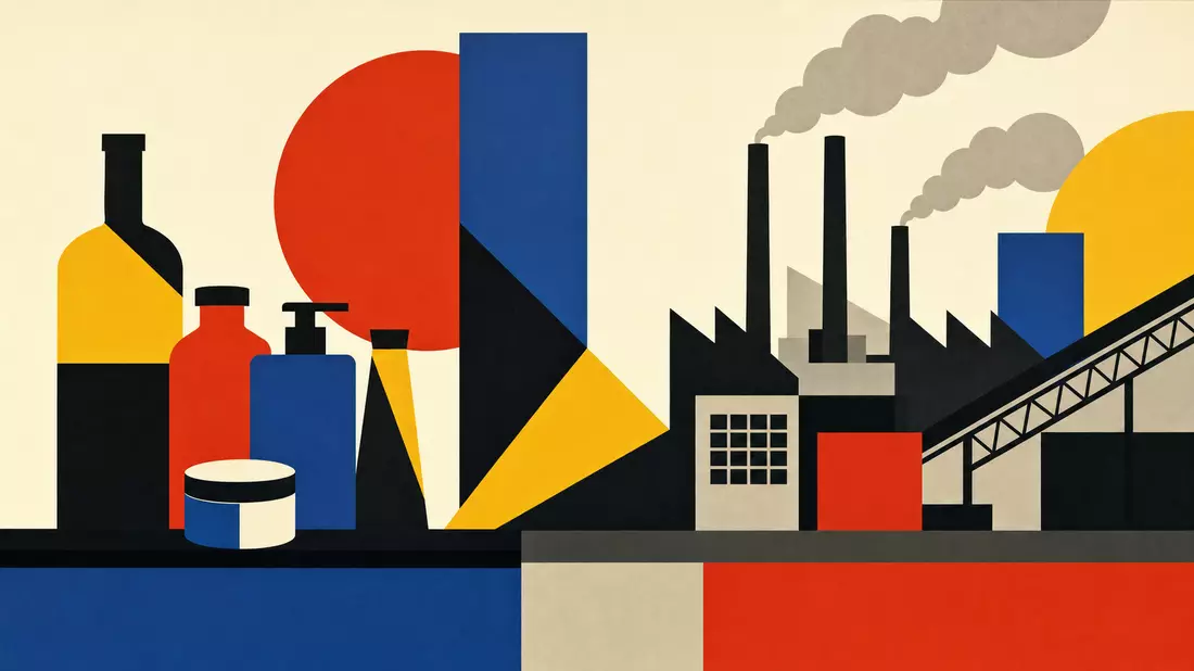 Bauhaus-Grafikposter mit geometrischen Formen in Primärfarben, Fabriksilhouette und generischen Produktflaschen
