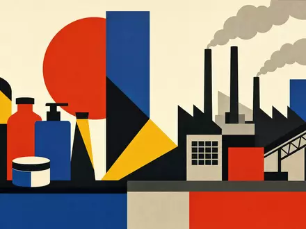Procter Produktion US7427181091 als geometrisches Bauhaus Poster mit Fabrik Silhouette und abstrakten Konsumgüter Formen - Foto: THN