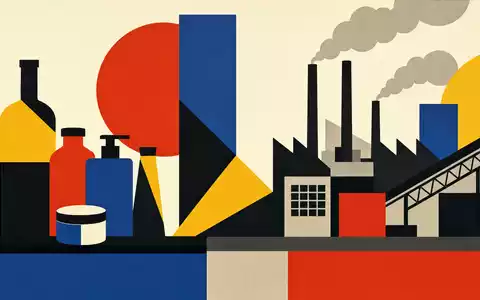 Procter Produktion US7427181091 als geometrisches Bauhaus Poster mit Fabrik Silhouette und abstrakten Konsumgüter Formen - Foto: THN