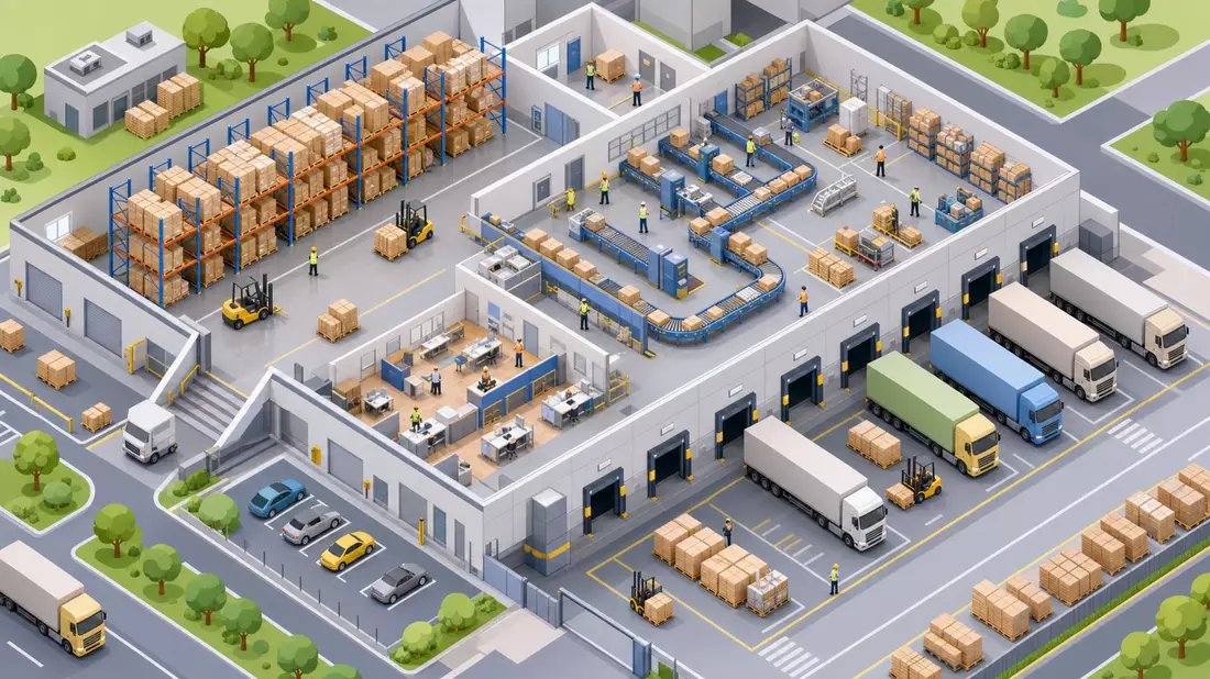 Isometrische 3D-Illustration eines Logistikzentrums mit Fließbändern, Gabelstaplern und Lieferwagen