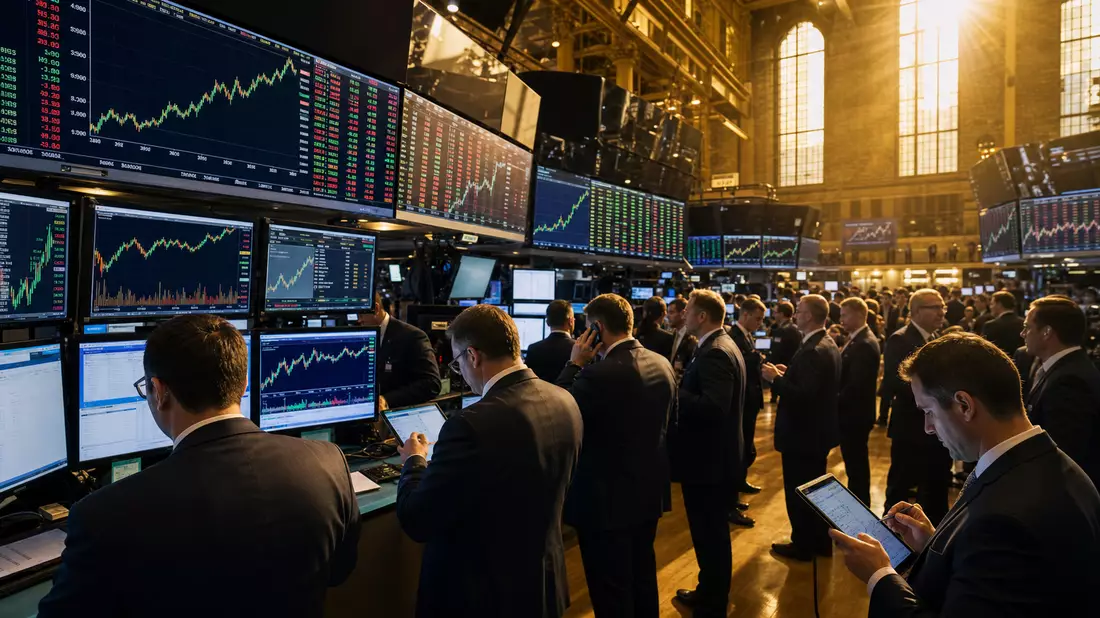 Geschäftiges NYSE-Börsenparkett mit Händlern, Bildschirmen mit Aktiencharts und goldenem Saallicht
